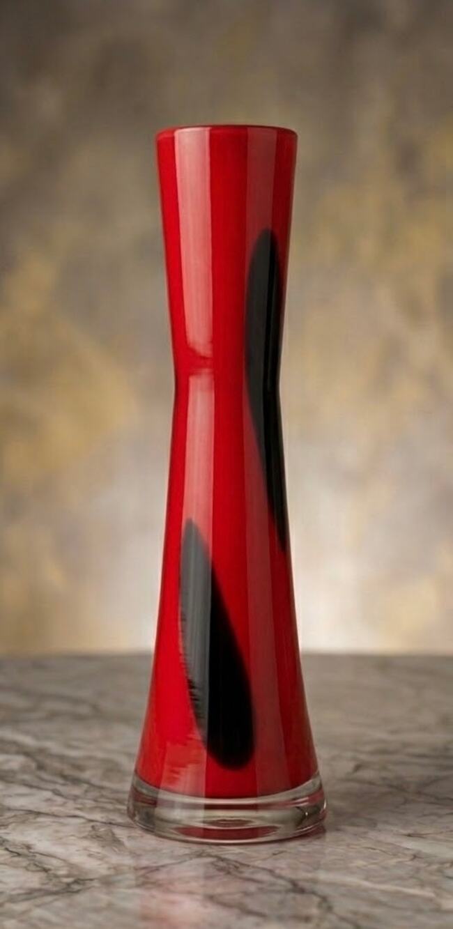 Vintage Hand Blown Red and Black Art Glass Vase - 15" Tall Mid Century Modern